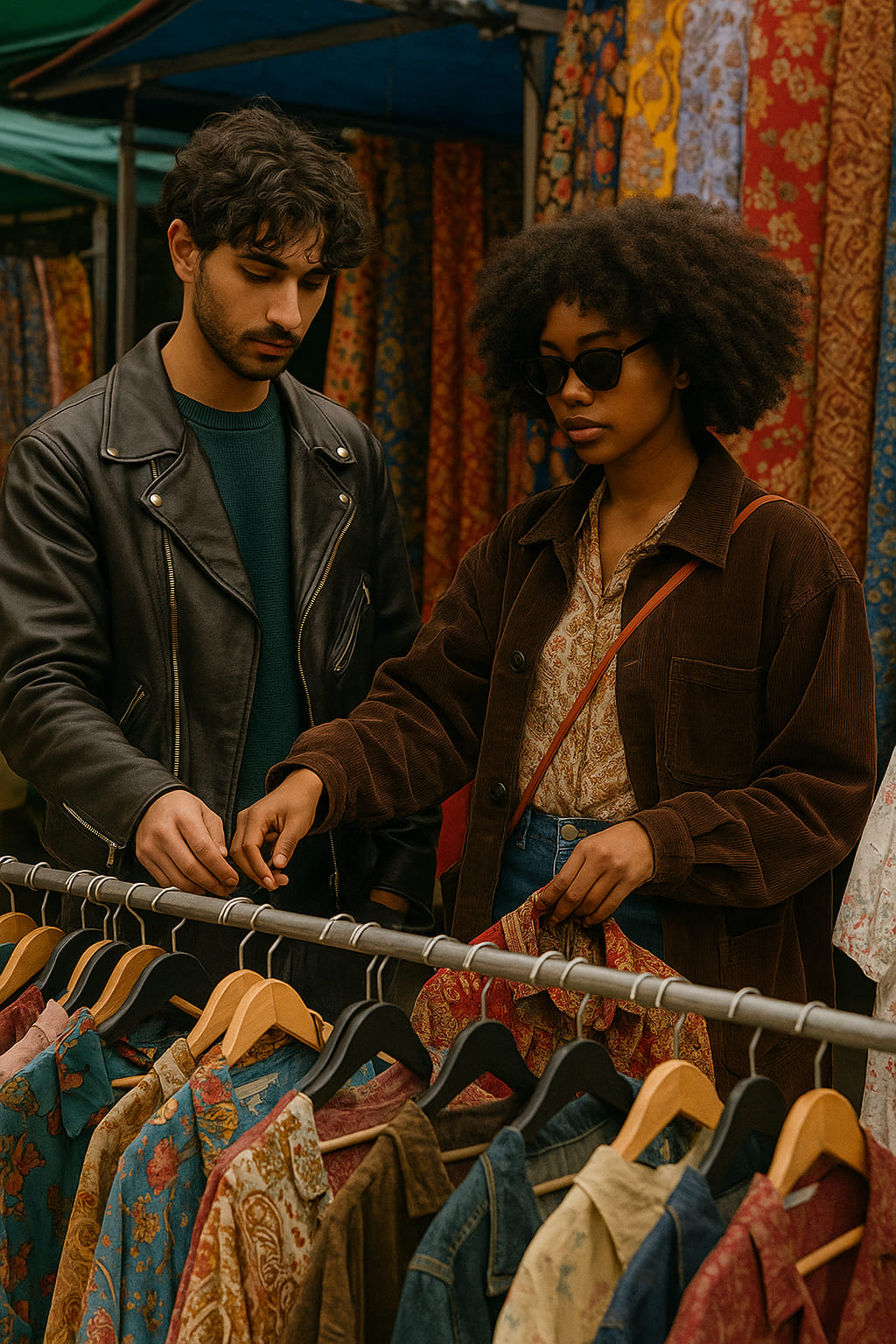 Couple shopping vintage clothes at Birmingham market