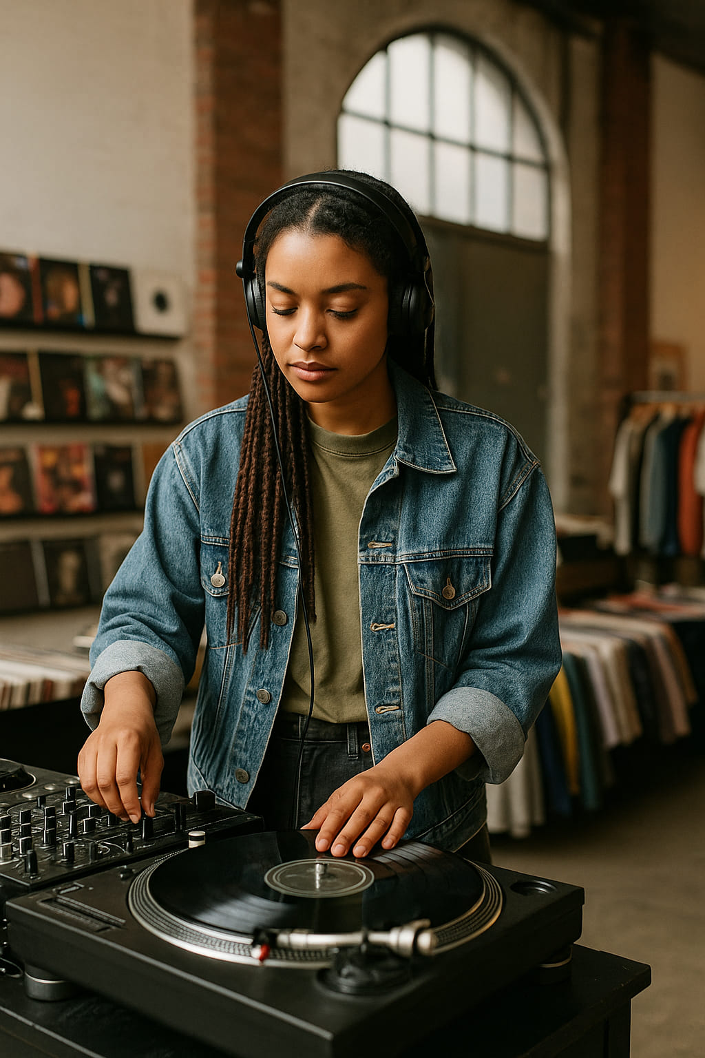 Female DJ at a Birmingham record store