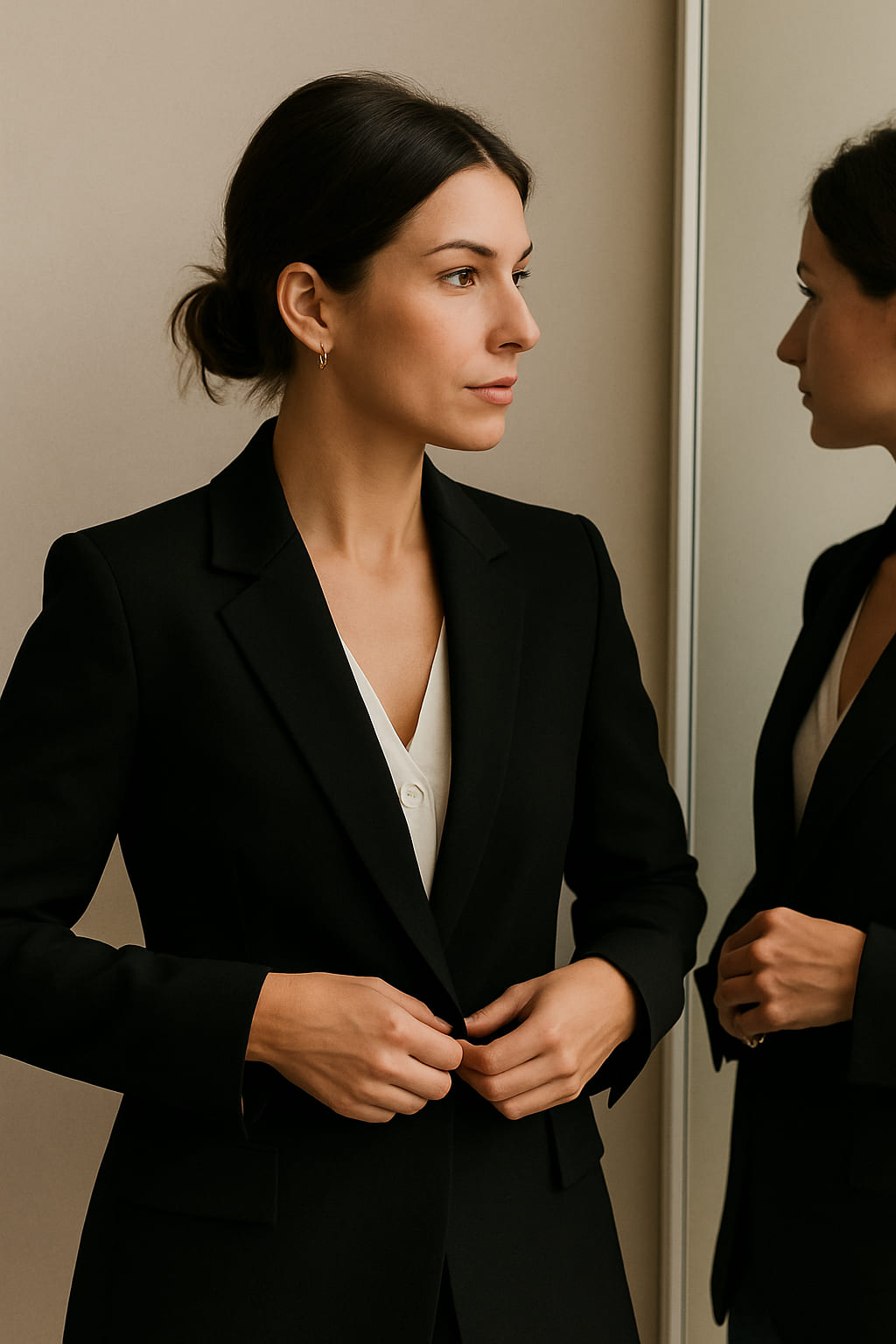 Woman adjusting blazer in mirror with confidence