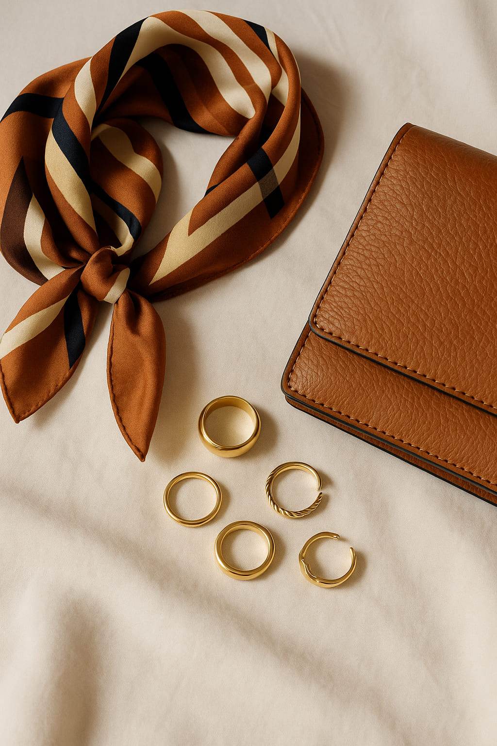 Close-up of accessories: gold jewelry and scarf details