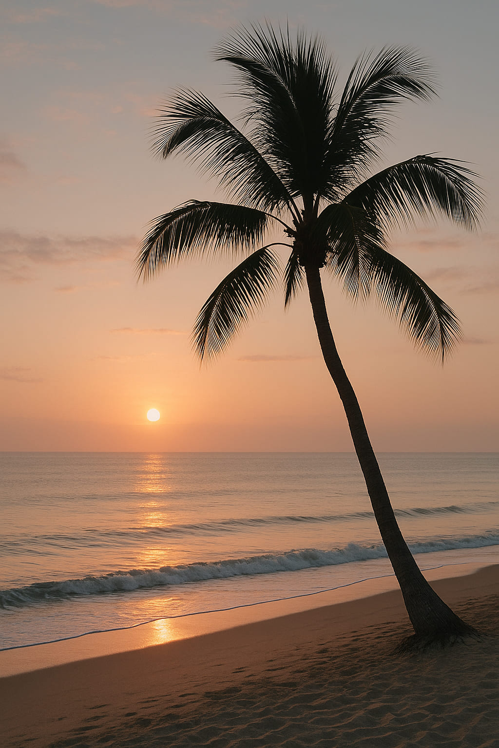 Soft sunrise over Florida beach with silhouette of palm