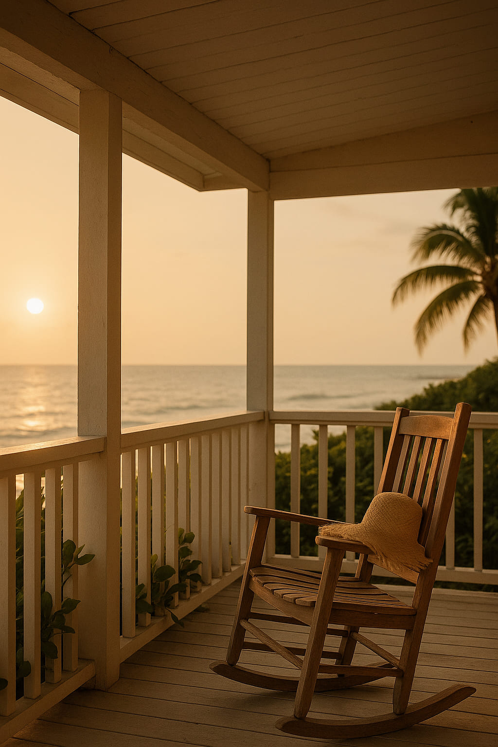 View from shaded porch in Key West at golden hour