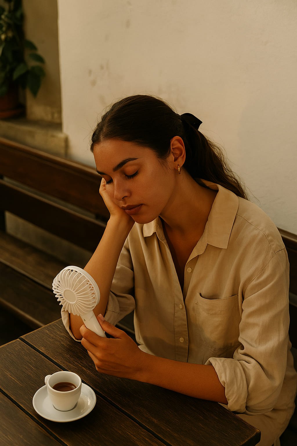 Woman resting at a roadside café with handheld fan