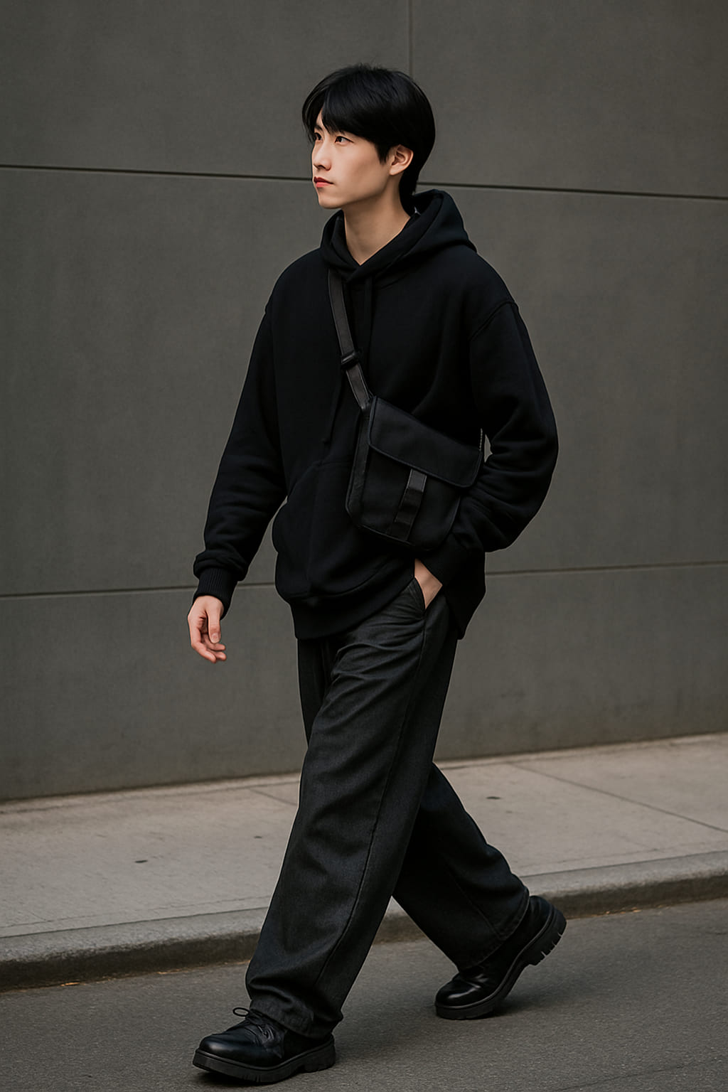 Tokyo streetwear look in layers of neutral tones