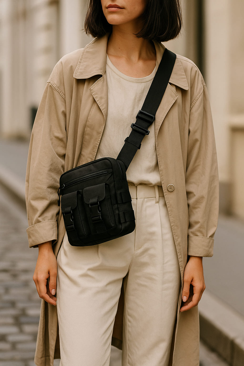 Layered outfit with neutral trench and statement bag