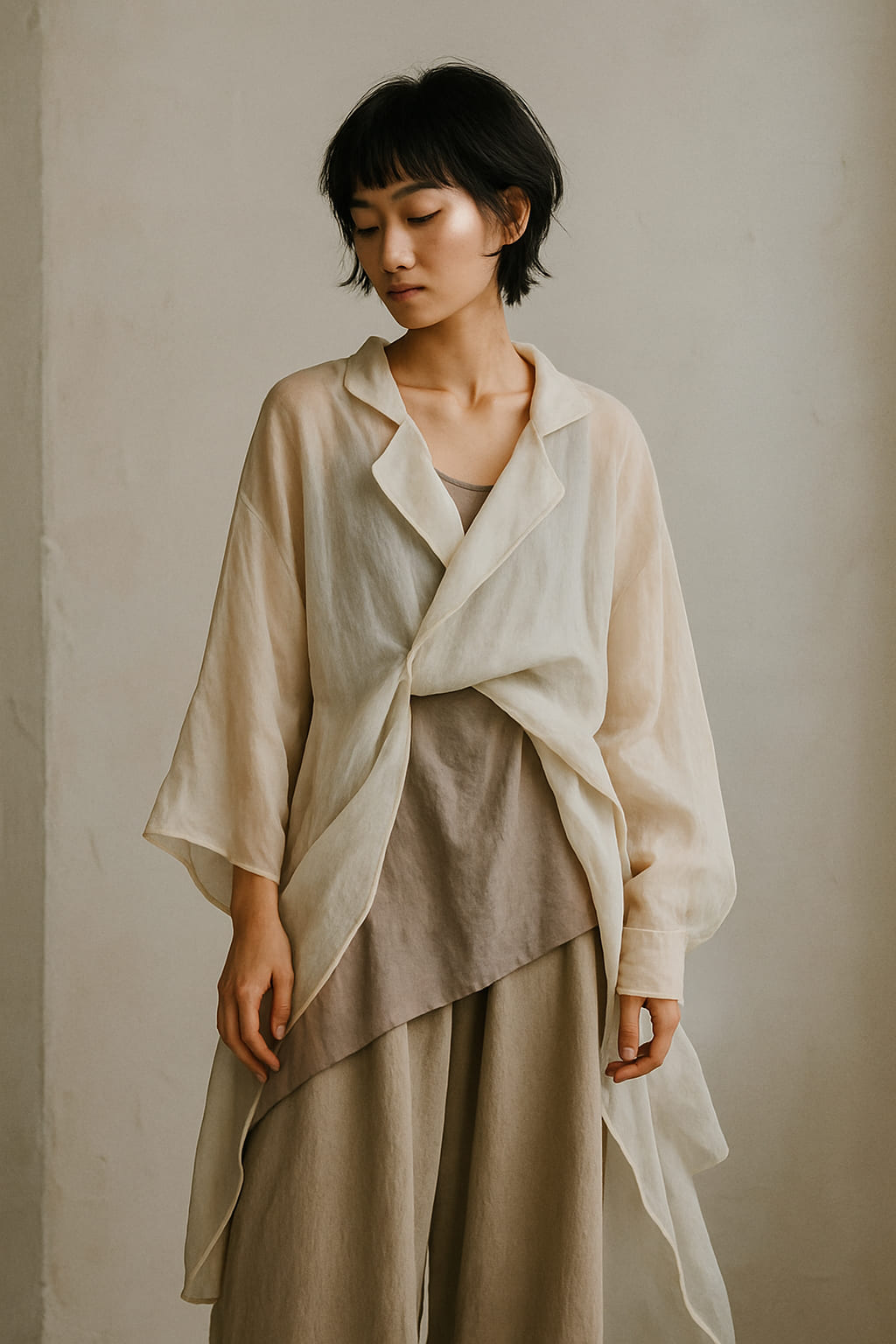 Asymmetrical silhouette with sheer layered outfit