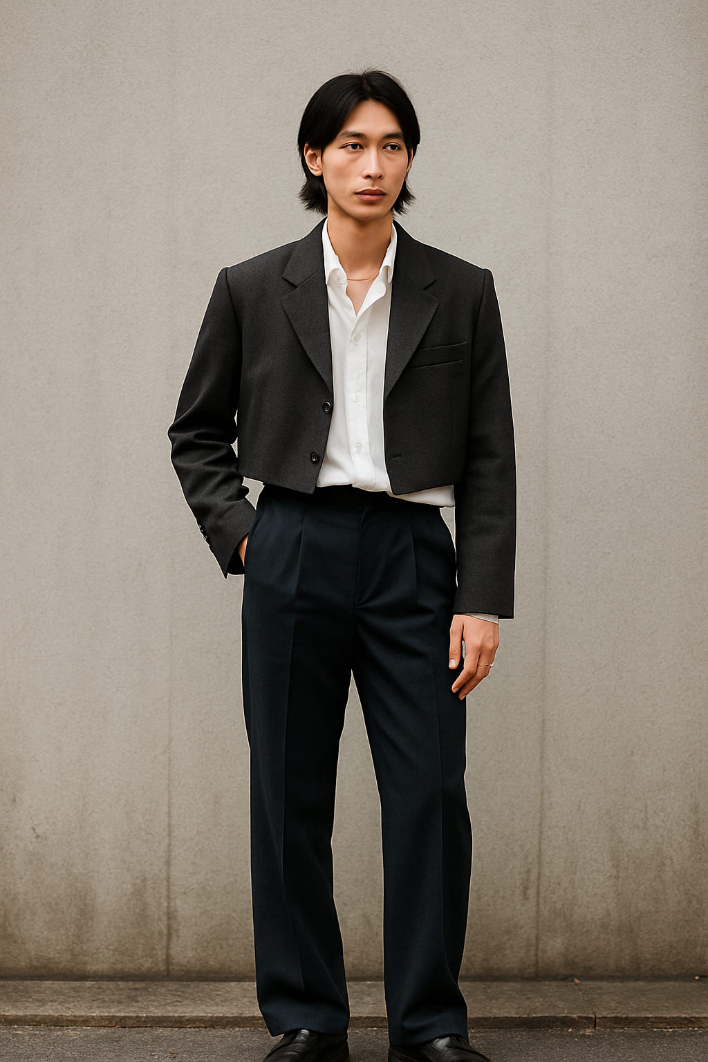 Structured casual look with cropped jacket and loafers