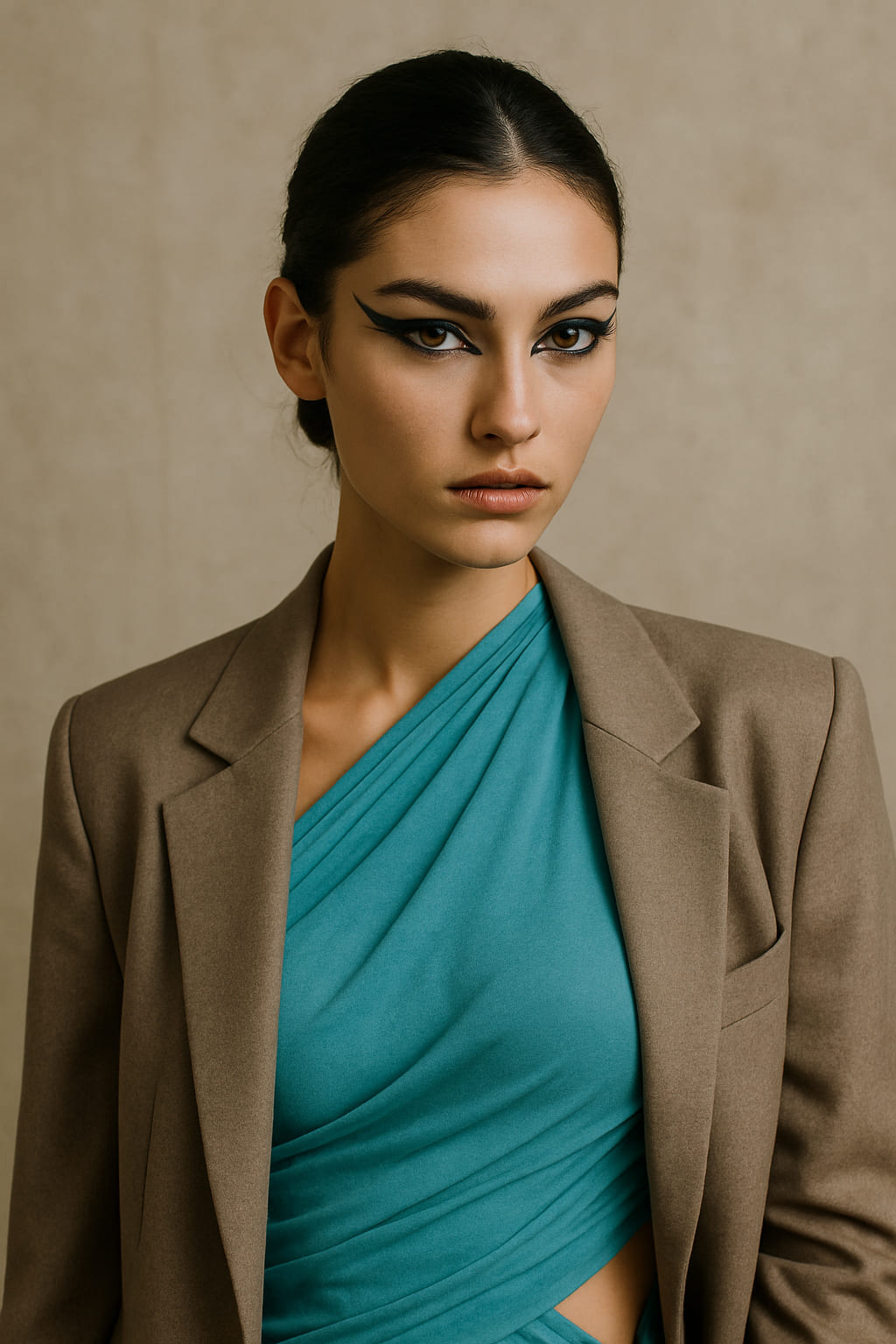 Model with graphic eyeliner and draped fashion ensemble