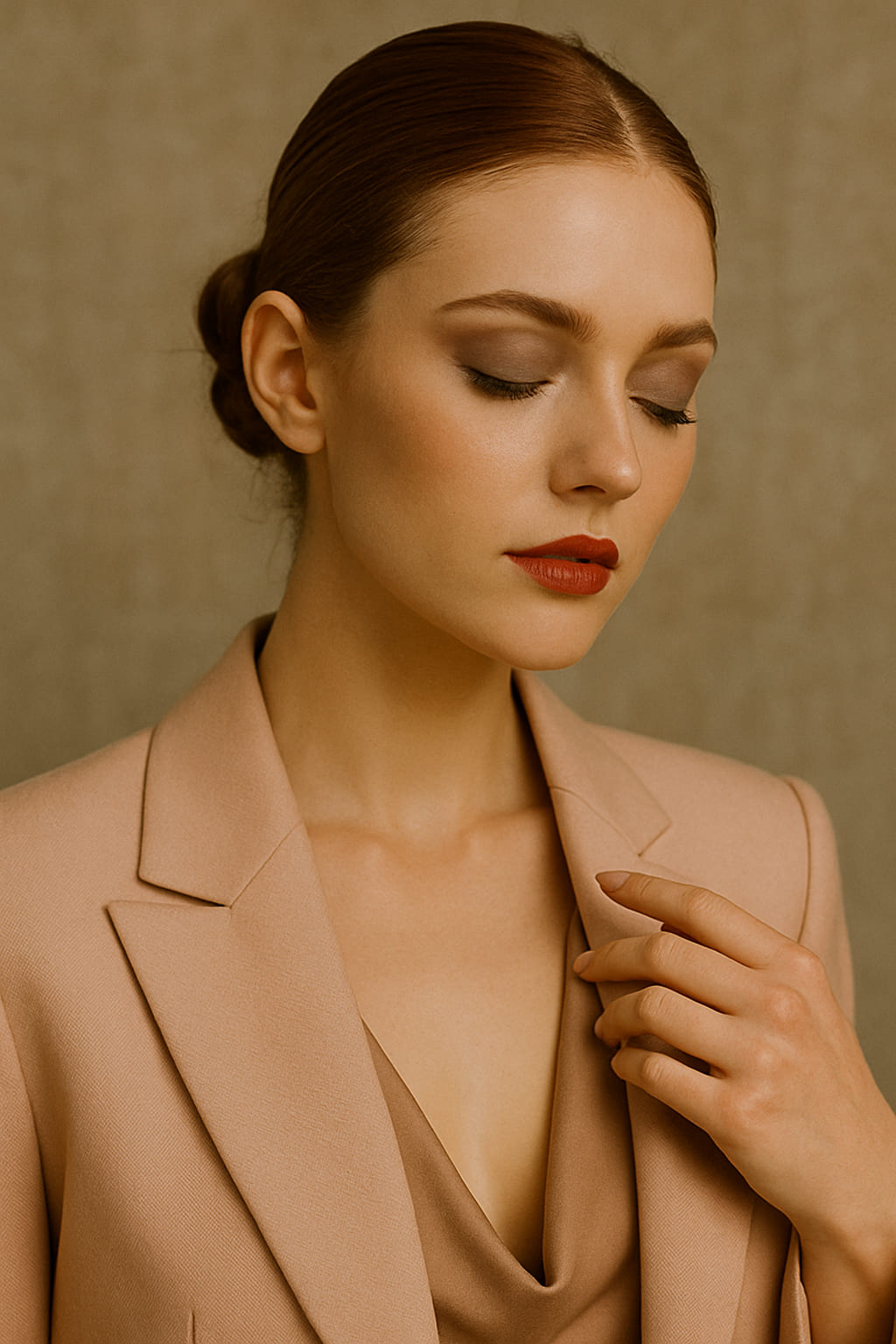 Beauty and outfit fusion: blush matching blazer, tone-on-tone styling