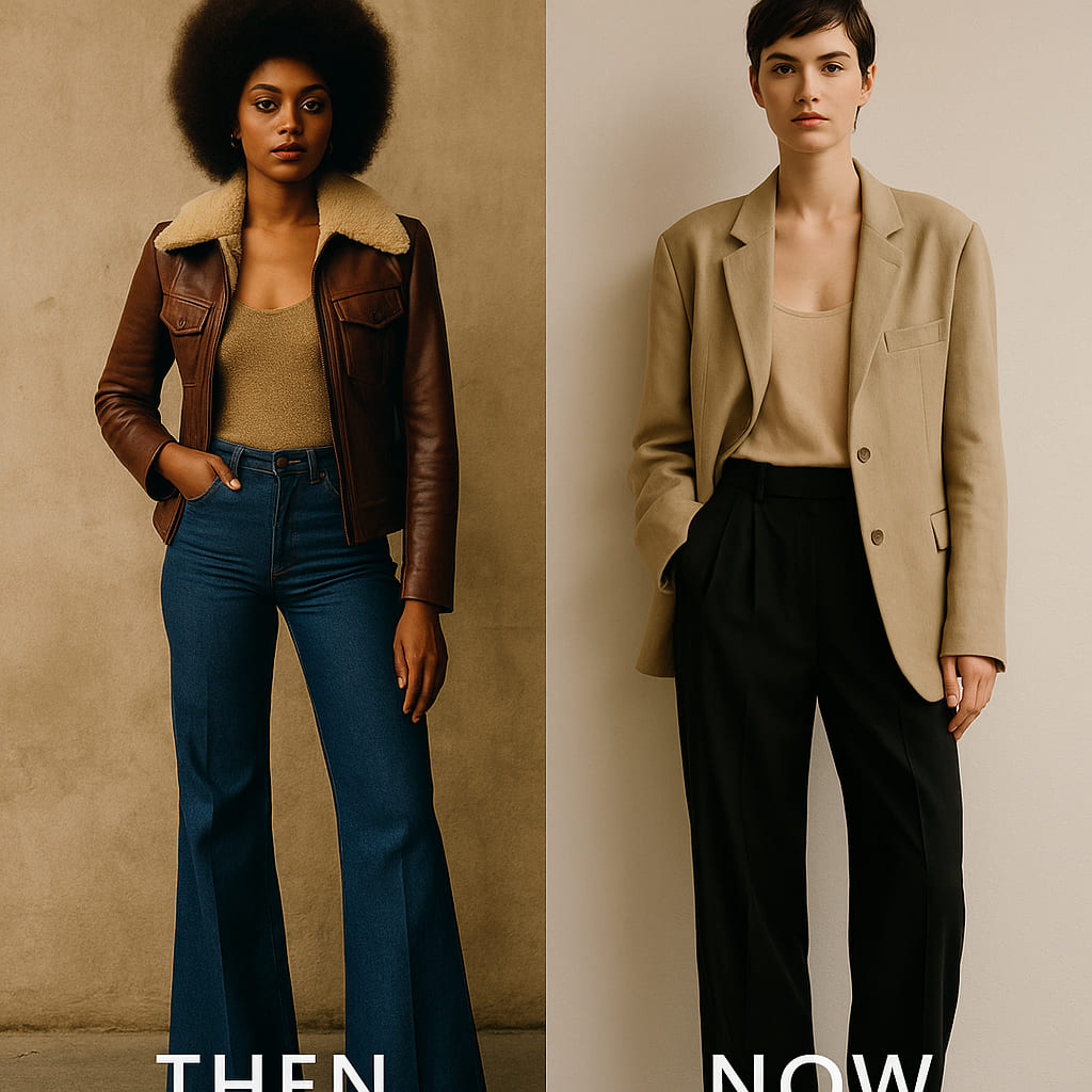 1970s vintage style editorial: flare pants, leather, disco textures