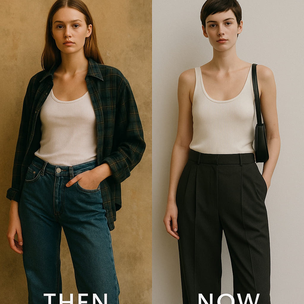 1990s editorial with minimalist fashion: tank top, loose denim, casual layering