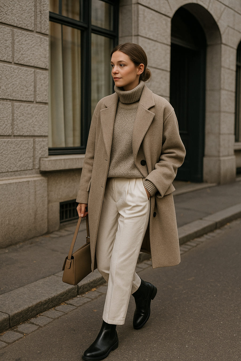 Neutral tailored coat in Swiss city